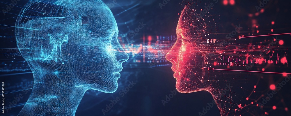 Poster Artificial intelligence communication between two faces made of digital data