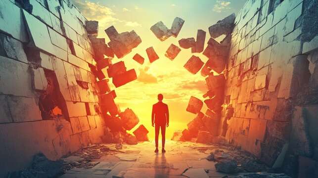 Businessman looking at exploding wall at sunset