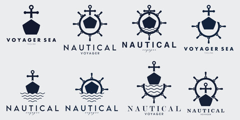 collection of ship front view steering wheel and wave logo vector illustration design © pramzstadobe