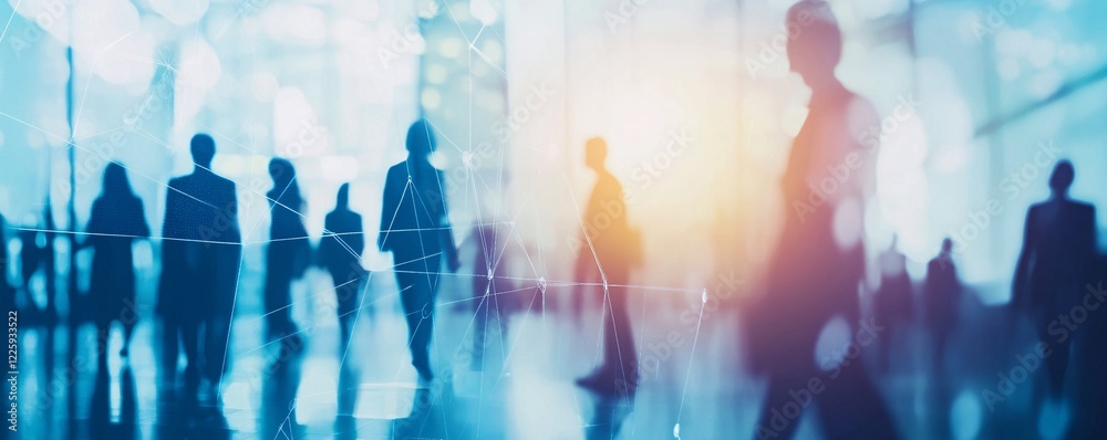 Aufkleber business people walking in modern hall with network connection visual effect