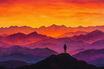 A lone figure silhouetted against a vibrant sunset over layered, purple mountains.