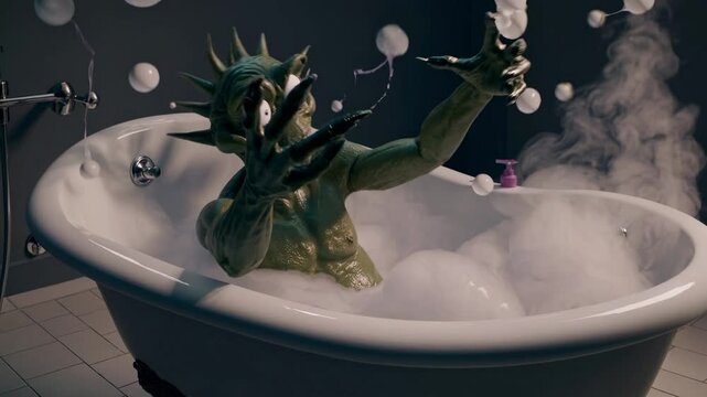 Green goblin like creature enjoying luxurious bubble bath, playfully splashing and popping sudsy foam in ornate clawfoot bathtub with childlike glee and whimsical charm