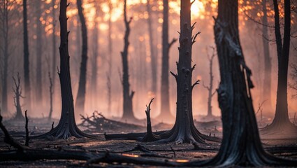 Obraz premium Sunset over a foggy forest after a wildfire in a serene landscape