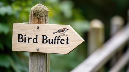Wooden sign with bird image titled "Bird Buffet" outdoors pointing direction