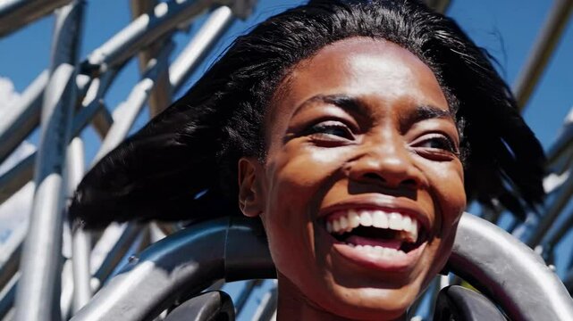 Emotional roller coaster journey for young woman, transitioning from initial fear to pure exhilaration, capturing raw excitement and joyful laughter while riding amusement park attraction