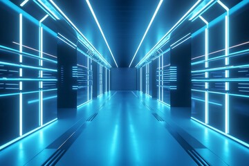 Futuristic corridor illuminated by blue neon lights, showcasing sleek design and technology elements
