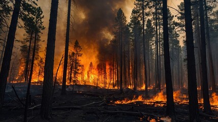 Intense Wildfire Devouring a Dense Forest with Thick Smoke and Raging Flames