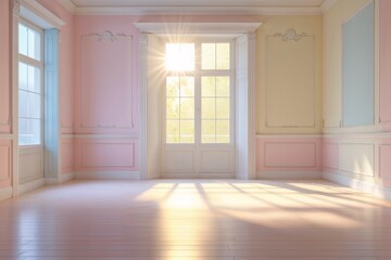Obraz premium Bright sunlight streams through a pastel room with large windows and wooden floors