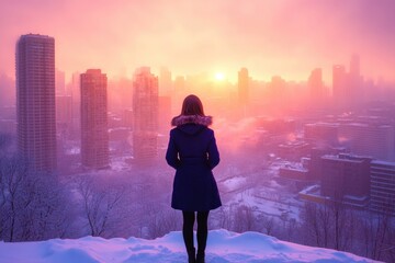 Fototapeta premium Woman in winter coat contemplates a snow-covered city at sunrise, bathed in a vibrant pink and orange hue.