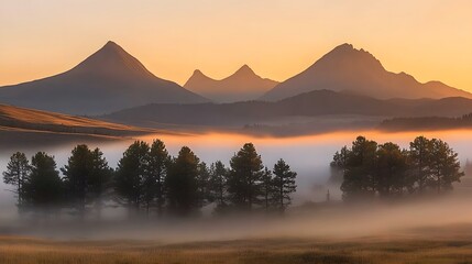 Obraz premium Misty Sunrise Mountain Landscape Golden Hour Scenery