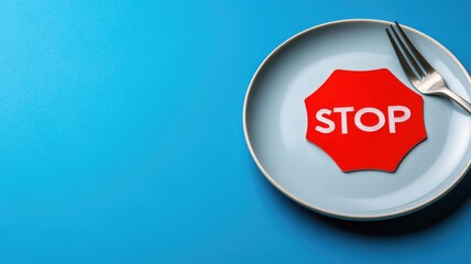 Stop sign on plate with fork, diet concept