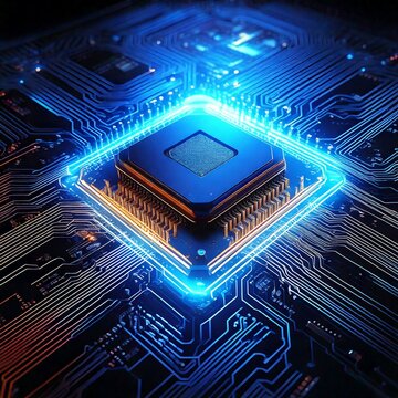A glowing AI chip embedded in a circuit board with a futuristic neon glow with copy space 