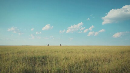 Obraz premium Two elephants wander across vast grasslands under clear blue sky with puffy clouds