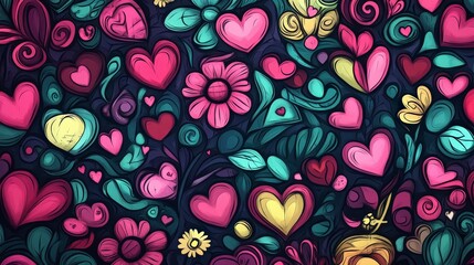 Valentine's Day Doodle Hearts and Flowers Seamless Pattern - Whimsical Romantic Design