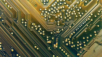 Close-up intricate circuits of a motherboard with golden lines and connection points