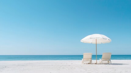 Beach chairs under umbrella, sunny beach, ocean view, relaxation.  Perfect for travel brochures