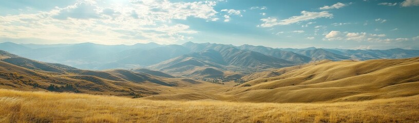 Obraz premium Golden Hour in the Mountain Valley: A Panoramic View of Serene Landscape