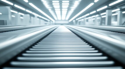 Fototapeta premium Futuristic railway tracks leading into a bright, modern station with glowing lights above