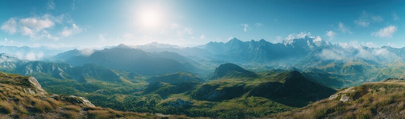 Naklejka premium Majestic Mountain Panorama: A Breathtaking View of Serene Peaks and Valleys