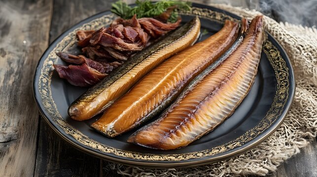 Smoked Fish Delicacy, Three Delicious Kippers on Black Plate