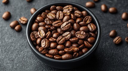 Fototapeta premium Roasted Coffee Beans in a Black Bowl: Aromatic and Rich