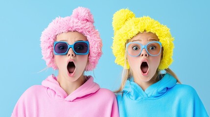 Two girls in colorful hats and hoodies, surprised expressions, blue background; ideal for fashion or youth blogs