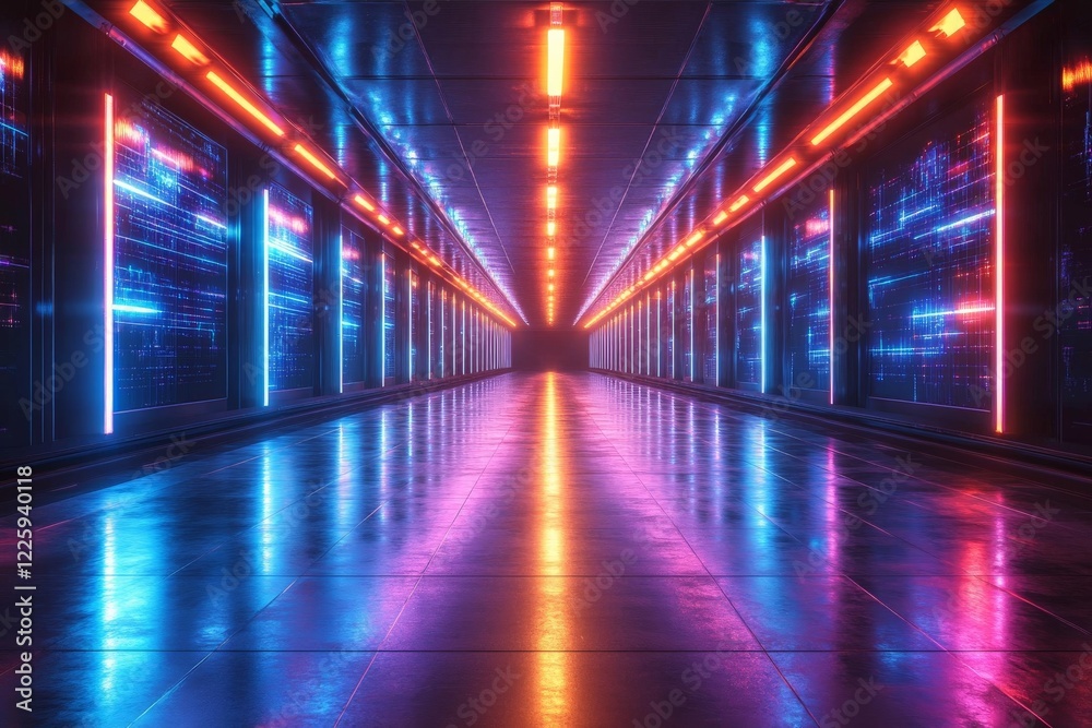 Poster neon-lit corridor in a futuristic setting showcasing vibrant reflections