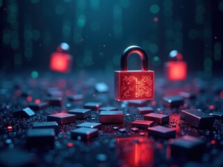 Visual representation of a cybersecurity concept featuring illuminated locks amidst digital blocks with a dark background, symbolizing ransomware threats and data protection