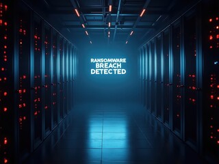 Ransomware breach detected in a dimly lit data center with glowing server racks highlighting security vulnerabilities