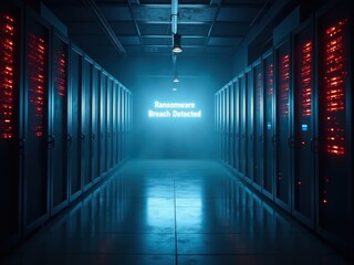 Ransomware breach detected in server room with illuminated red indicators and hazy atmosphere at...