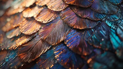 Obraz premium Close-up of iridescent feathers, showcasing intricate details and a vibrant array of colors.