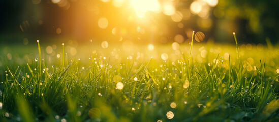 Green lawn with fresh grass outdoors. Nature spring grass background texture