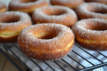 Freshly baked sugar-coated donuts arranged on a cooling rack, showcasing their golden texture and fluffy interior