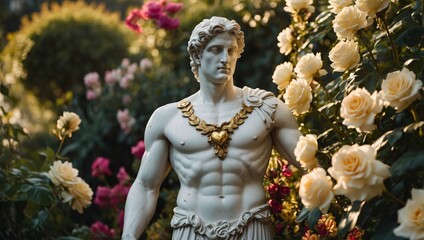 A strong, masculine Greek statue in white marble, adorned with a gold heart medallion,