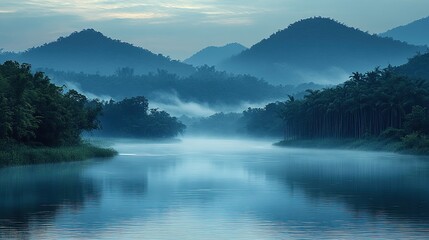 Misty River Sunrise, Mountain Landscape, Serenity, Travel Poster