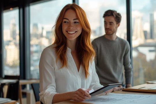 A smiling redhead woman reviews documents on a tablet, while a man stands in the background, in a modern office setting.