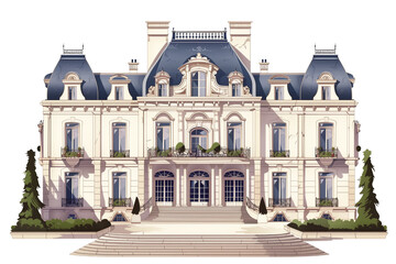 Fototapeta premium Elegant Historic Mansion With Intricate Architecture and Grand Stairway Surrounded by Lush Greenery - Vintage Illustration, Isolated on White Transparent Background, PNG