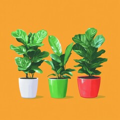 Stylish potted plants with green foliage arranged on a vibrant yellow background, blending modern aesthetics and nature-inspired decor