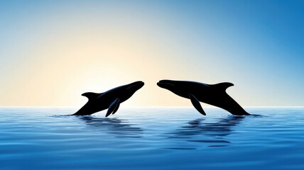 Obraz premium Silhouettes of two dolphins at sunset over ocean