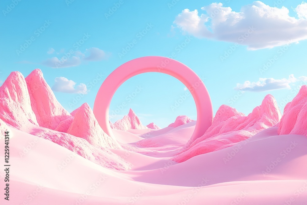 Poster vibrant pink landscape features a large circular arch amidst soft hills and fluffy clouds under a br