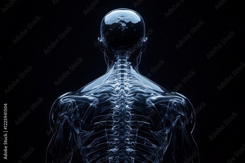Poster transparent human figure showcasing intricate skeletal and muscular structures against a dark backdr