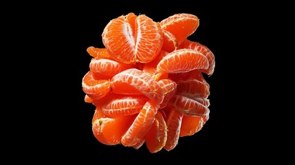 Close-up of a vibrant cluster of peeled orange segments arranged against a black background, highlighting their juicy and textured details