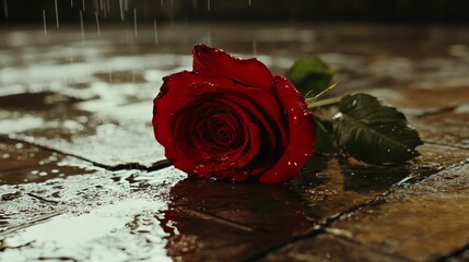 Rain-soaked red rose lies on wet stone.