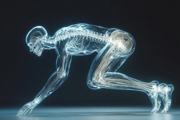 X-ray visualization of a human skeleton in a crawling position against a dark background
