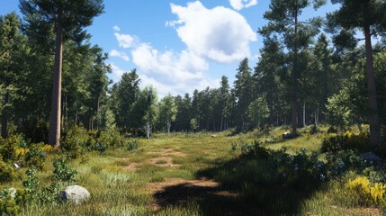 Obraz premium Sunlit Clearing in a Forest with Tall Trees and a Path on a Beautiful Day