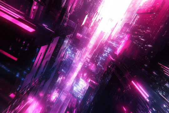 Vibrant neon cityscape pulsating with color in a futuristic digital environment at night