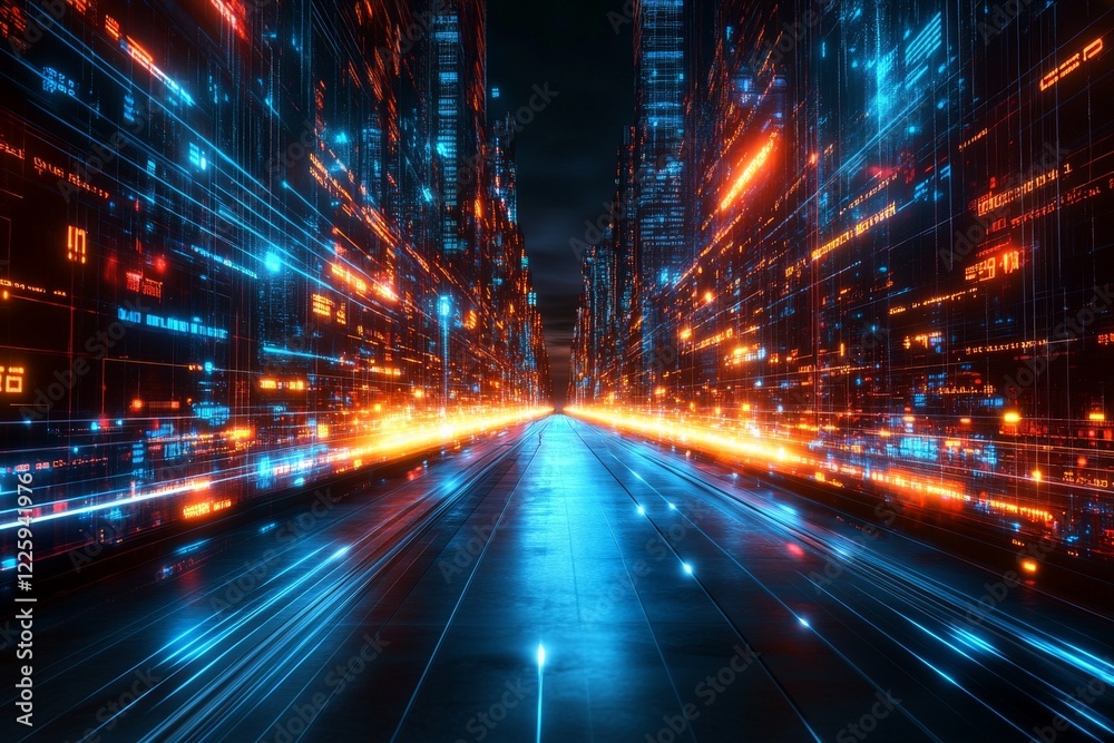 Poster dynamic digital cityscape at night showcasing vibrant light trails and futuristic architecture