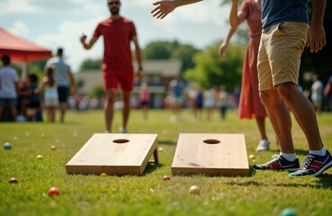 People enjoy outdoor cornhole game on green lawn. Friendly competition between groups or individuals. Fun and relaxing social event. Outdoor recreation in a park or community setting.