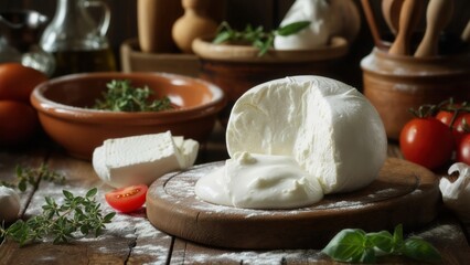 Fototapeta premium Fresh mozzarella cheese and ingredients on a wooden table in a rustic kitchen setting