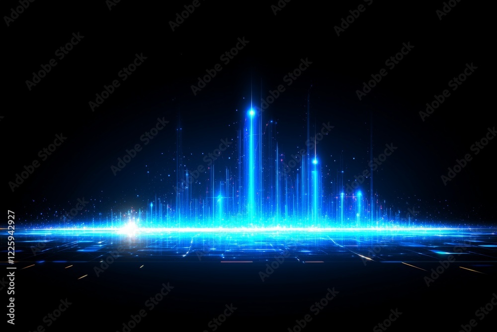 Poster bright blue digital sound wave visualization depicting audio frequencies in a futuristic setting